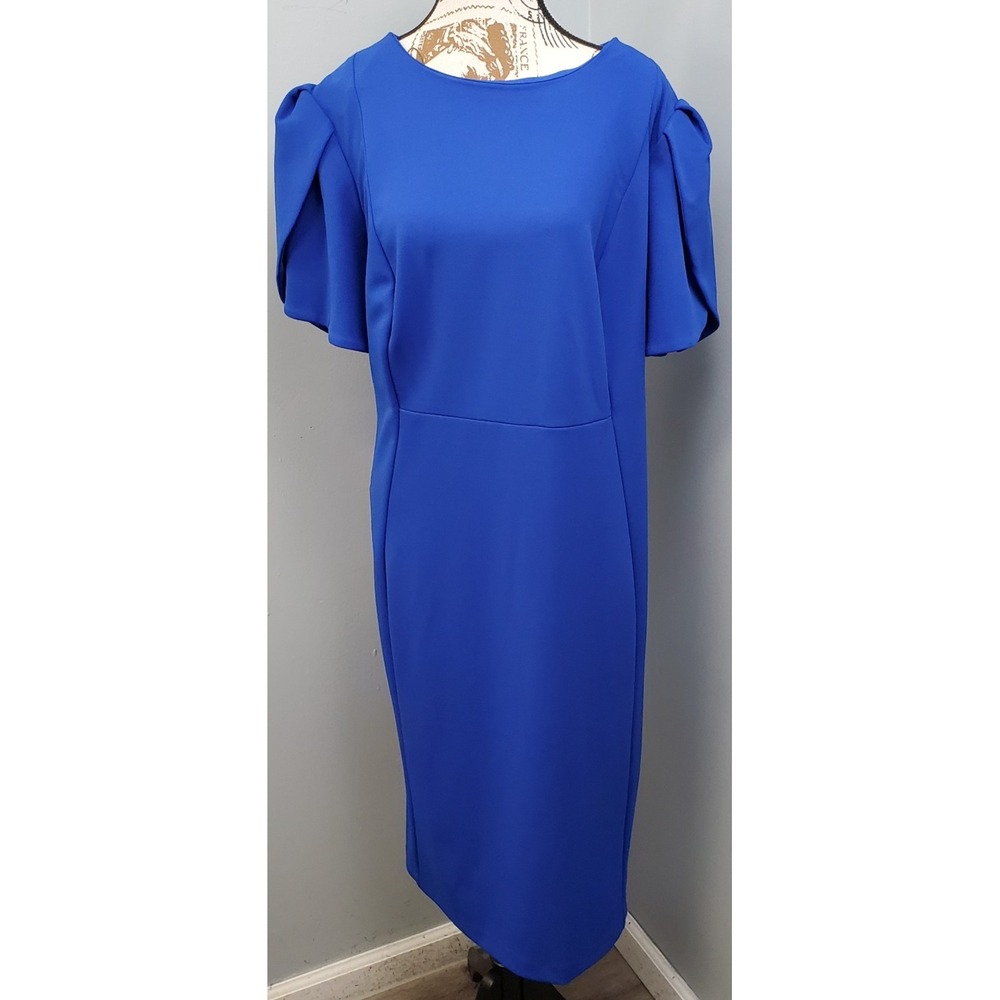 Calvin Klein Shift Dress Womens 18W Blue Short Sleeve Round Neck Career Back Zip